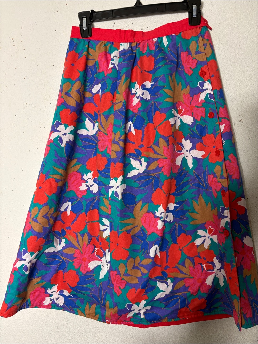 Reversible Floral/ Red Button-Front Women's Skirt red side has one pocket S